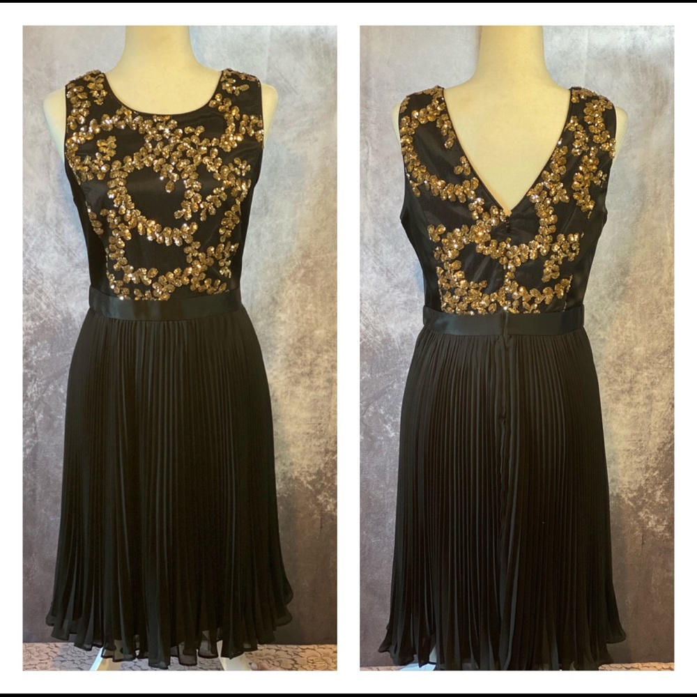 Muse black dress w/ pleated skirt and gold sequins